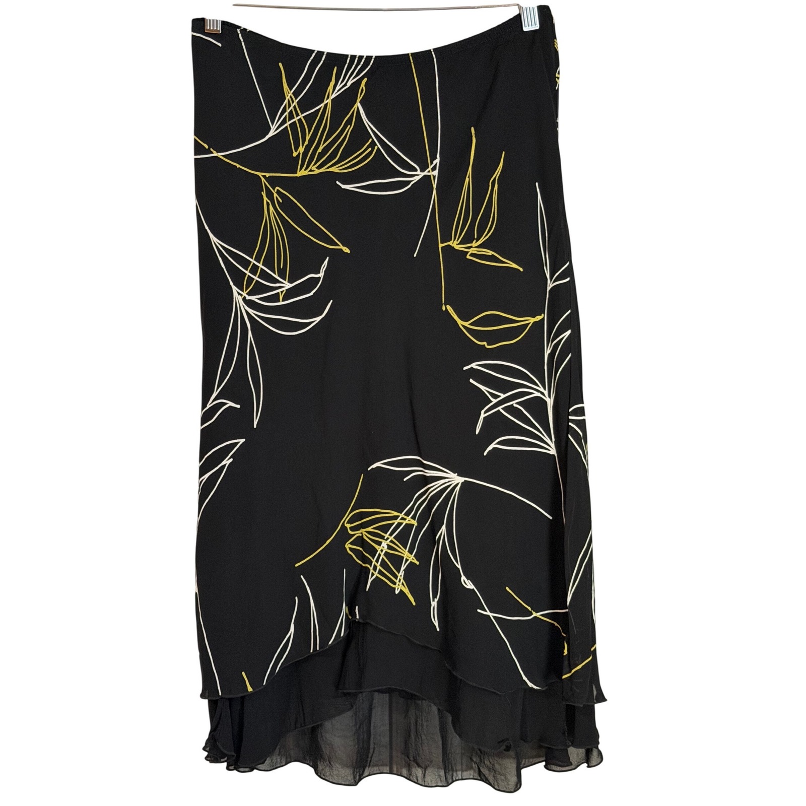 Black Floral Midi Skirt Size L Layered Hem Boho Chic Fairy Minimalist Art Flowy — image 2 of 8